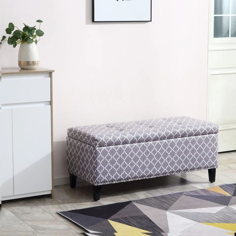 HOMCOM Storage Ottoman, End of Bed Bench with Linen Fabric Upholstery, Lift Top and Nailhead Trim, Storage Bench for Living Room, Entryway or Bedroom, Gray Lattice