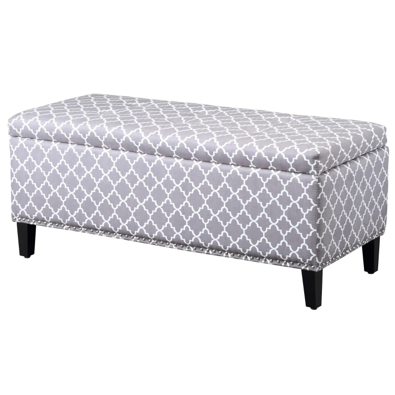HOMCOM Storage Ottoman, End of Bed Bench with Linen Fabric Upholstery, Lift Top and Nailhead Trim, Storage Bench for Living Room, Entryway or Bedroom, Gray Lattice