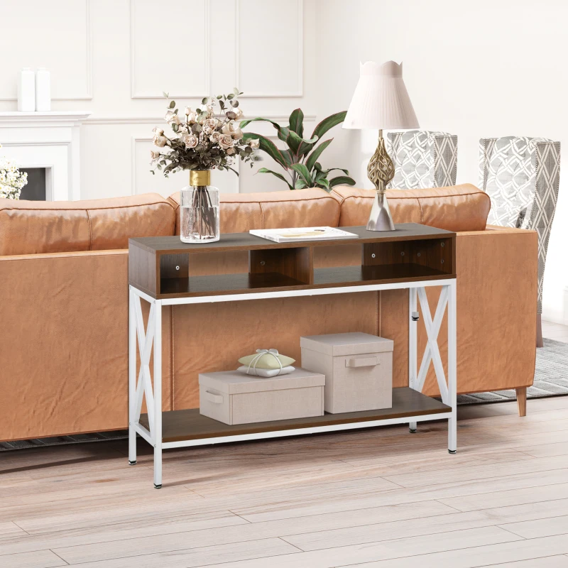 HOMCOM Industrial Style Entryway Console Table Desk with Shelf for Living Room, or Bedroom, Walnut Wood Grain and White