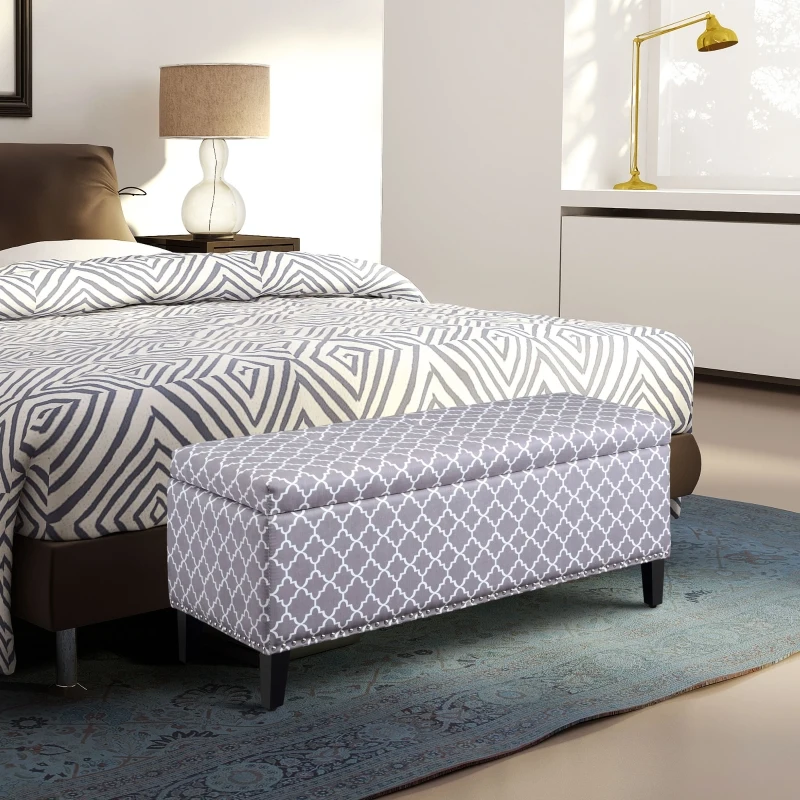 HOMCOM Storage Ottoman, End of Bed Bench with Linen Fabric Upholstery, Lift Top and Nailhead Trim, Storage Bench for Living Room, Entryway or Bedroom, Gray Lattice