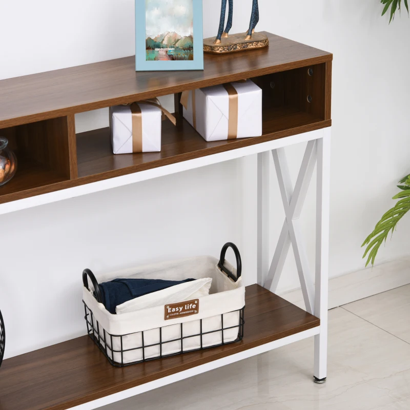 HOMCOM Industrial Style Entryway Console Table Desk with Shelf for Living Room, or Bedroom, Walnut Wood Grain and White