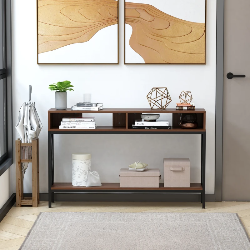 HOMCOM Industrial Style Entryway Console Table Desk with Shelf for Living Room, or Bedroom, Walnut Wood Grain and Black