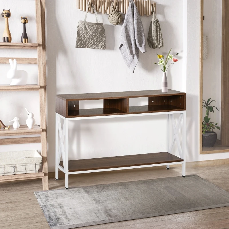 HOMCOM Industrial Style Entryway Console Table Desk with Shelf for Living Room, or Bedroom, Walnut Wood Grain and White
