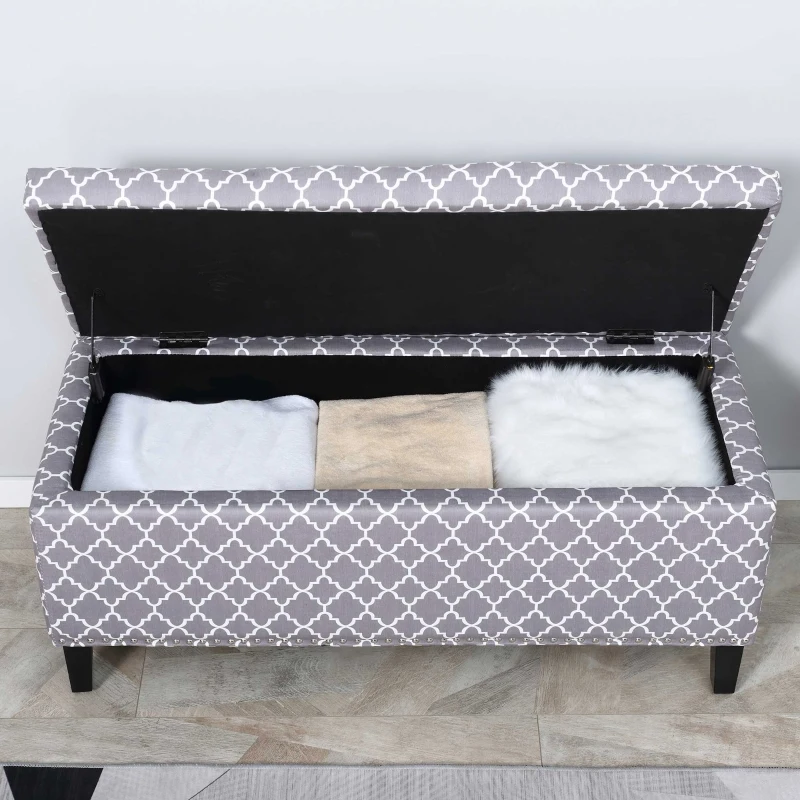 HOMCOM Storage Ottoman, End of Bed Bench with Linen Fabric Upholstery, Lift Top and Nailhead Trim, Storage Bench for Living Room, Entryway or Bedroom, Gray Lattice