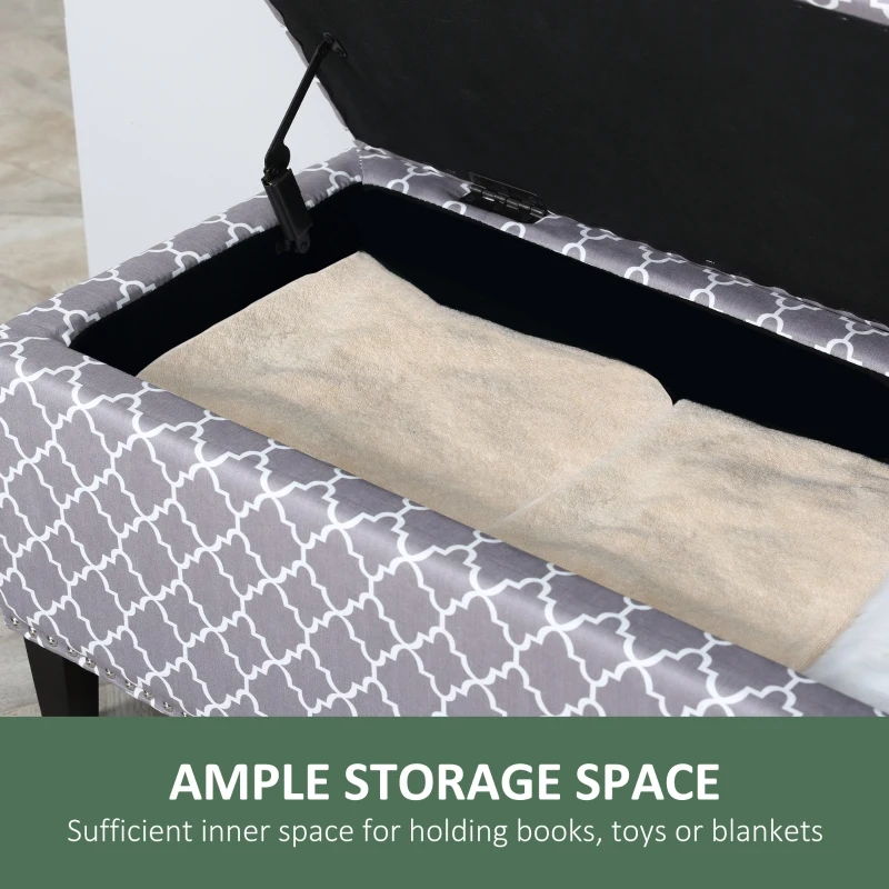 HOMCOM Storage Ottoman, End of Bed Bench with Linen Fabric Upholstery, Lift Top and Nailhead Trim, Storage Bench for Living Room, Entryway or Bedroom, Gray Lattice