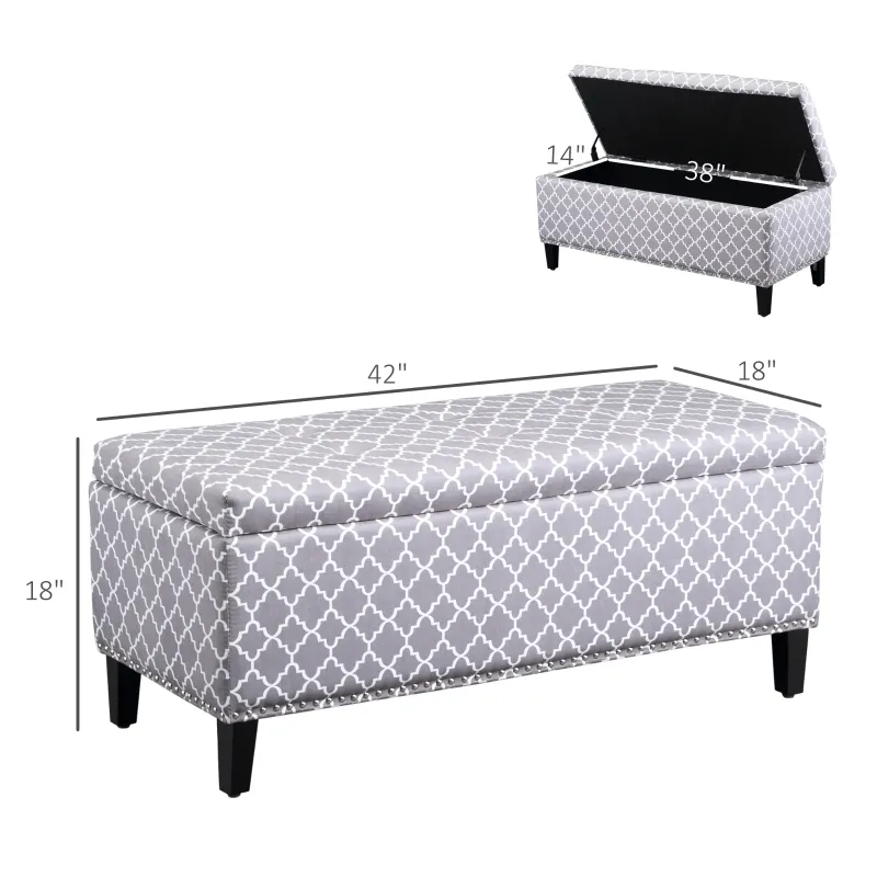 HOMCOM Storage Ottoman, End of Bed Bench with Linen Fabric Upholstery, Lift Top and Nailhead Trim, Storage Bench for Living Room, Entryway or Bedroom, Gray Lattice
