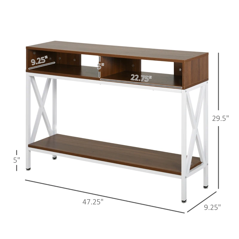 HOMCOM Industrial Style Entryway Console Table Desk with Shelf for Living Room, or Bedroom, Walnut Wood Grain and White
