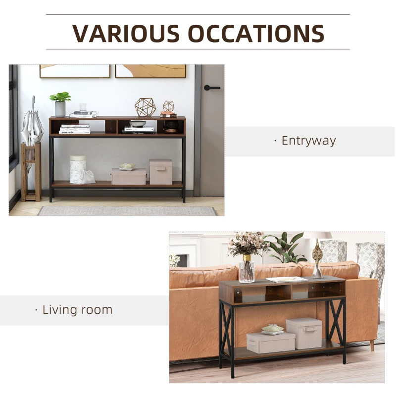 HOMCOM Industrial Style Entryway Console Table Desk with Shelf for Living Room, or Bedroom, Walnut Wood Grain and Black