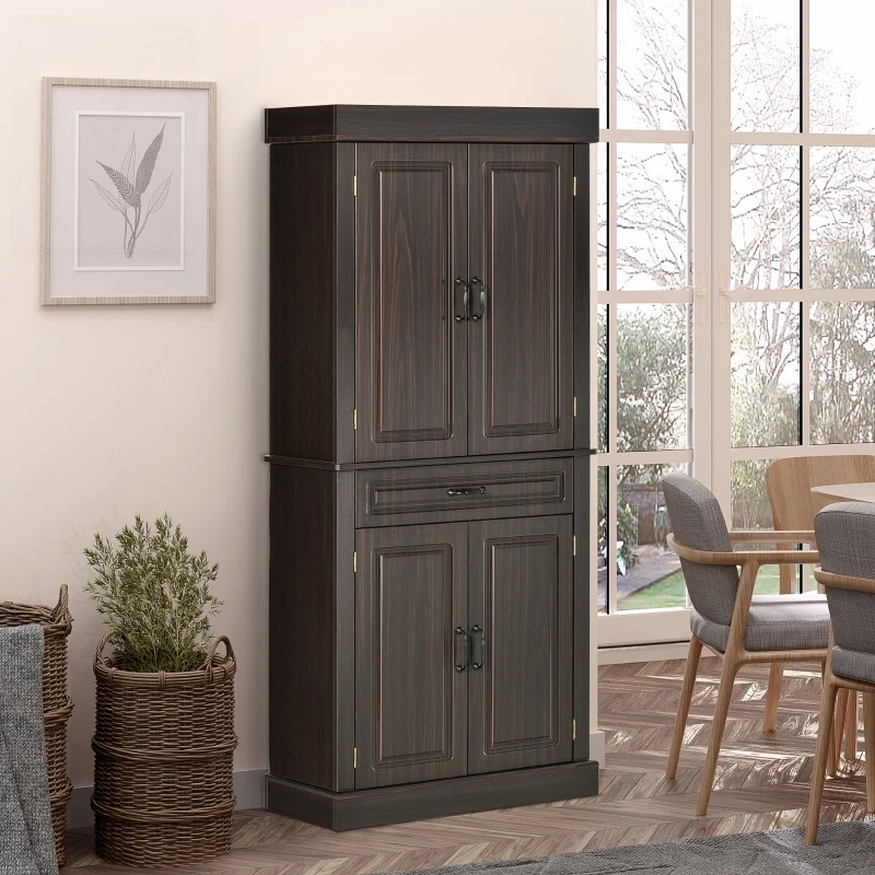 HOMCOM 70.75" Freestanding Kitchen Pantry with 4 Doors, and 2 Large Cabinets, Tall Storage Cabinet with Wide Drawer for Kitchen Dining Room, Coffee