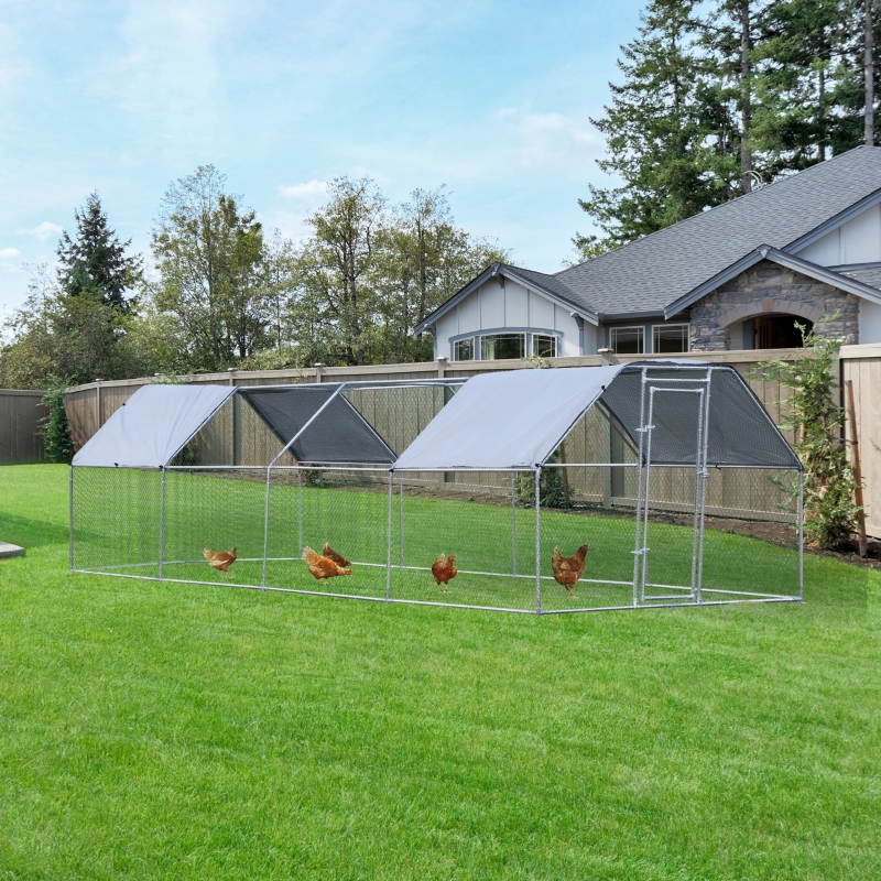 PawHut 299.25" Chicken Coop Galvanized Hen House Large Rabbit Hutch Poultry Cage Pen Outdoor Backyard Enclosure With UV-Protection Water-Resist Cover