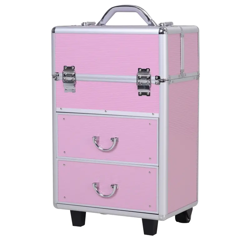 HOMCOM Professional Rolling Full Makeup Travel Train Case, Large Storage Cosmetic Trolley with Folding Trays, Drawer and Locks, Bubblegum Pink