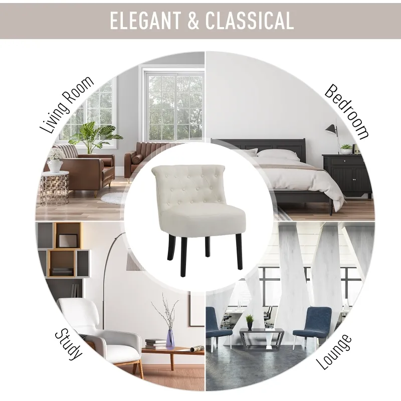 HOMCOM Modern Accent Leisure Chair with Mid Back Button-Tufted Upholstered Fabric and Wooden Legs for Living Room and Bedroom, Cream White