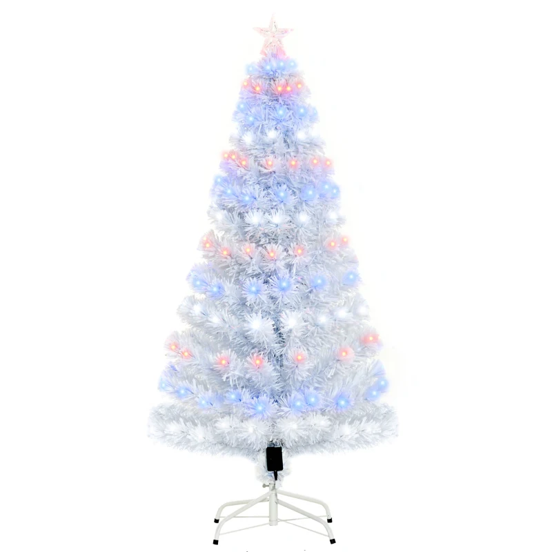 HOMCOM 5ft Prelit Artificial Christmas Tree with LED Lights, Multicolored Fiber Optics and Realistic Branch Tips, White