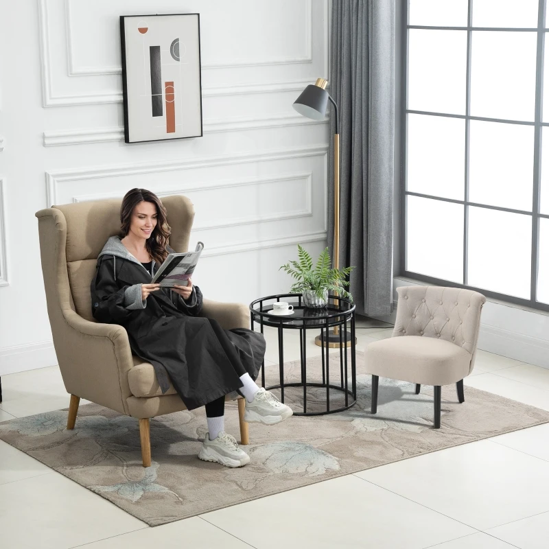 HOMCOM Modern Accent Leisure Chair with Mid Back Button-Tufted Upholstered Fabric and Wooden Legs for Living Room and Bedroom, Cream White