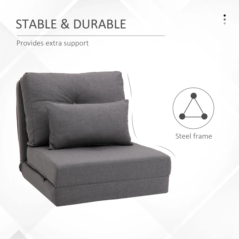 HOMCOM Convertible Flip Chair, Floor Lazy Sofa, Folding Upholstered Couch Bed with Adjustable Backrest, Metal Frame and Pillows for Living Room Bedroom, Dark Gray