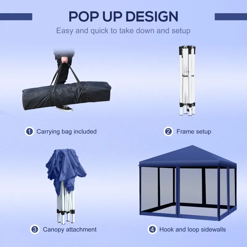 Outsunny 10' x 10' Pop Up Canopy Tent with Netting, Instant Gazebo, Ez up Screen House Room with Carry Bag, Height Adjustable, for Outdoor, Garden, Patio, Blue