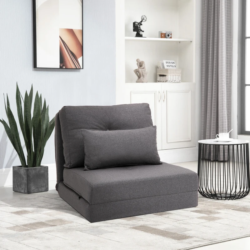 HOMCOM Convertible Flip Chair, Floor Lazy Sofa, Folding Upholstered Couch Bed with Adjustable Backrest, Metal Frame and Pillows for Living Room Bedroom, Dark Gray