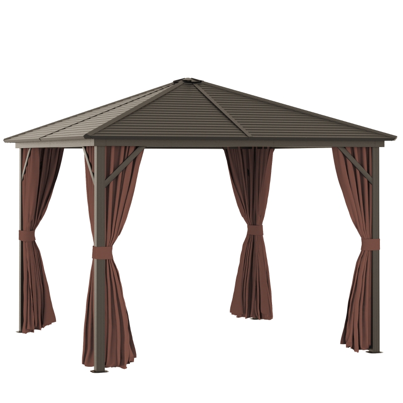 Outsunny 10' x 10' Steel Metal Backyard Hardtop Gazebo w/ Screened Curtain, Dark Brown