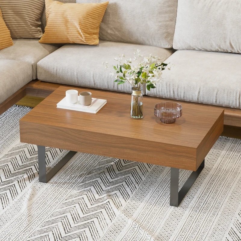 HOMCOM Mid-century Modern Coffee Table with Storage Drawer, Metal Sled Designed Legs and Wood Grain Surface for Living Room, Walnut