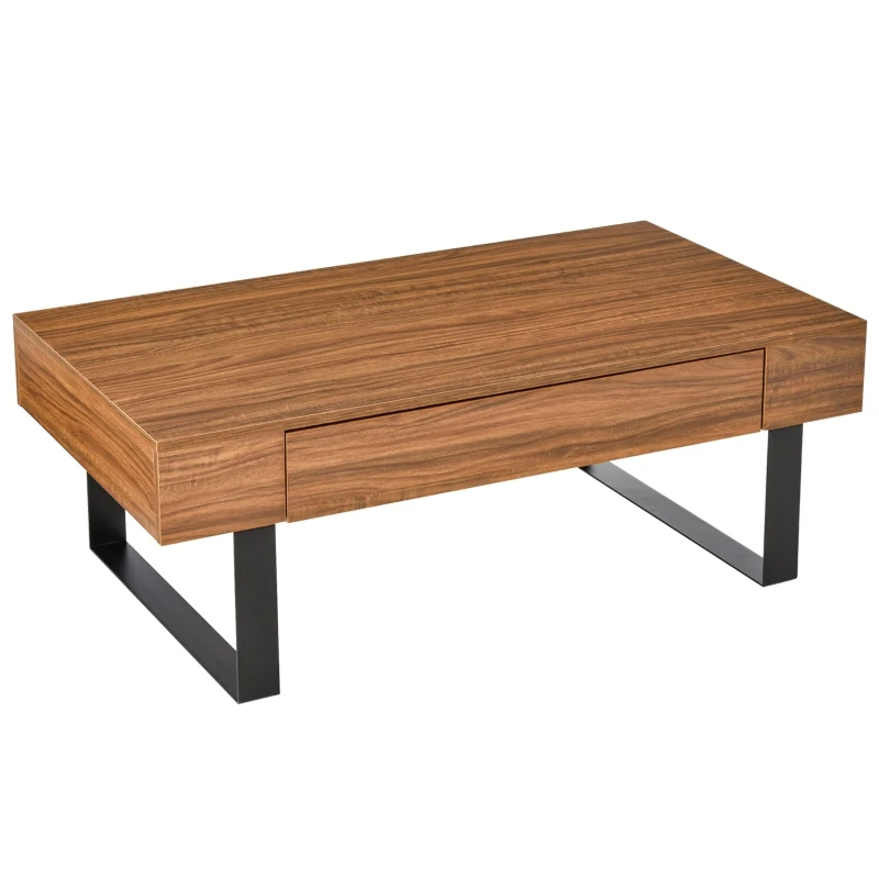 HOMCOM Mid-century Modern Coffee Table with Storage Drawer, Metal Sled Designed Legs and Wood Grain Surface for Living Room, Walnut