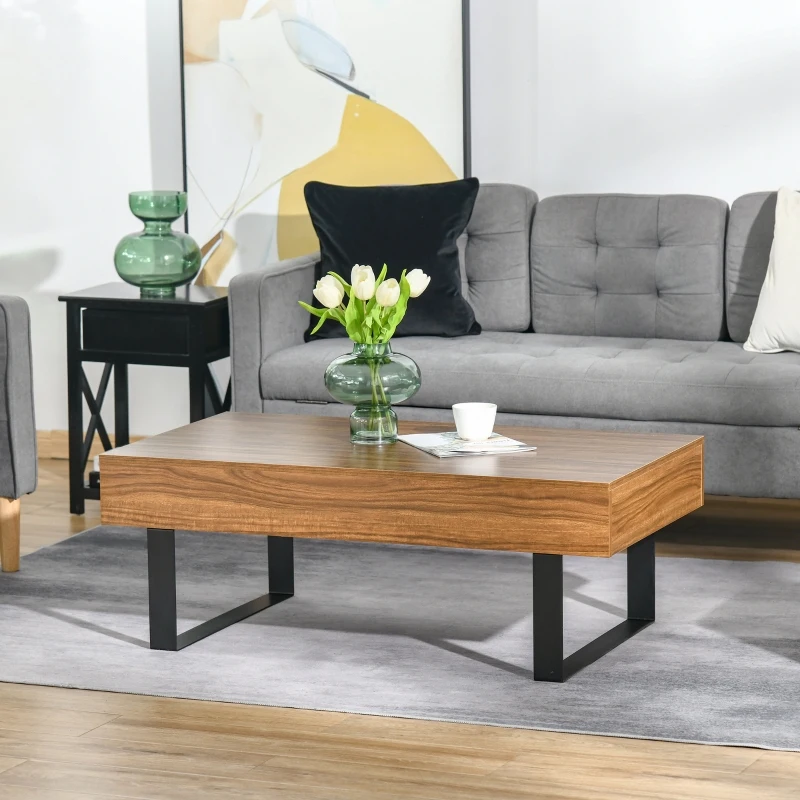HOMCOM Mid-century Modern Coffee Table with Storage Drawer, Metal Sled Designed Legs and Wood Grain Surface for Living Room, Walnut