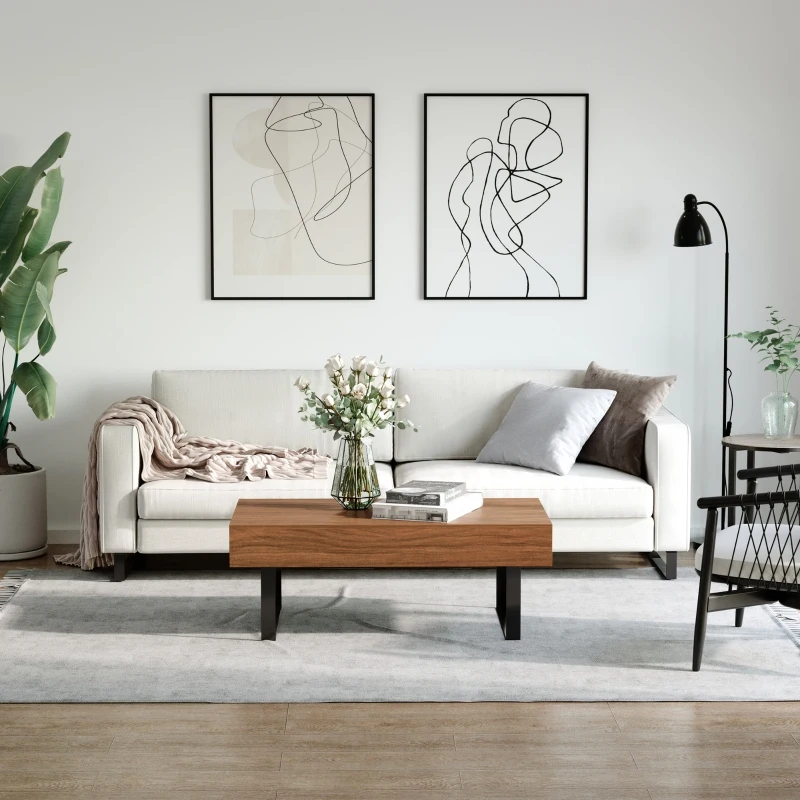 HOMCOM Mid-century Modern Coffee Table with Storage Drawer, Metal Sled Designed Legs and Wood Grain Surface for Living Room, Walnut