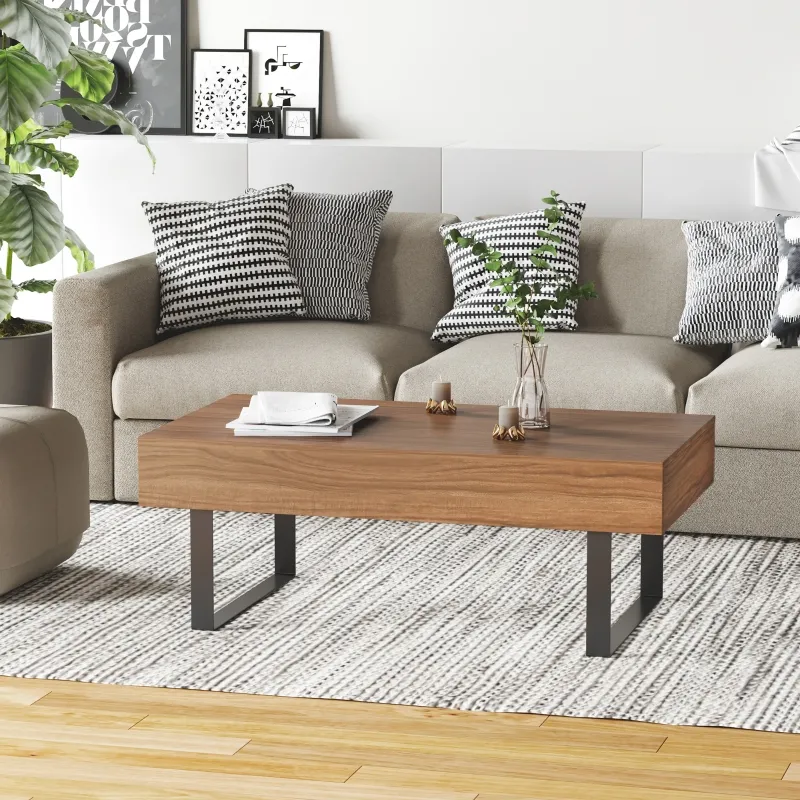 HOMCOM Mid-century Modern Coffee Table with Storage Drawer, Metal Sled Designed Legs and Wood Grain Surface for Living Room, Walnut