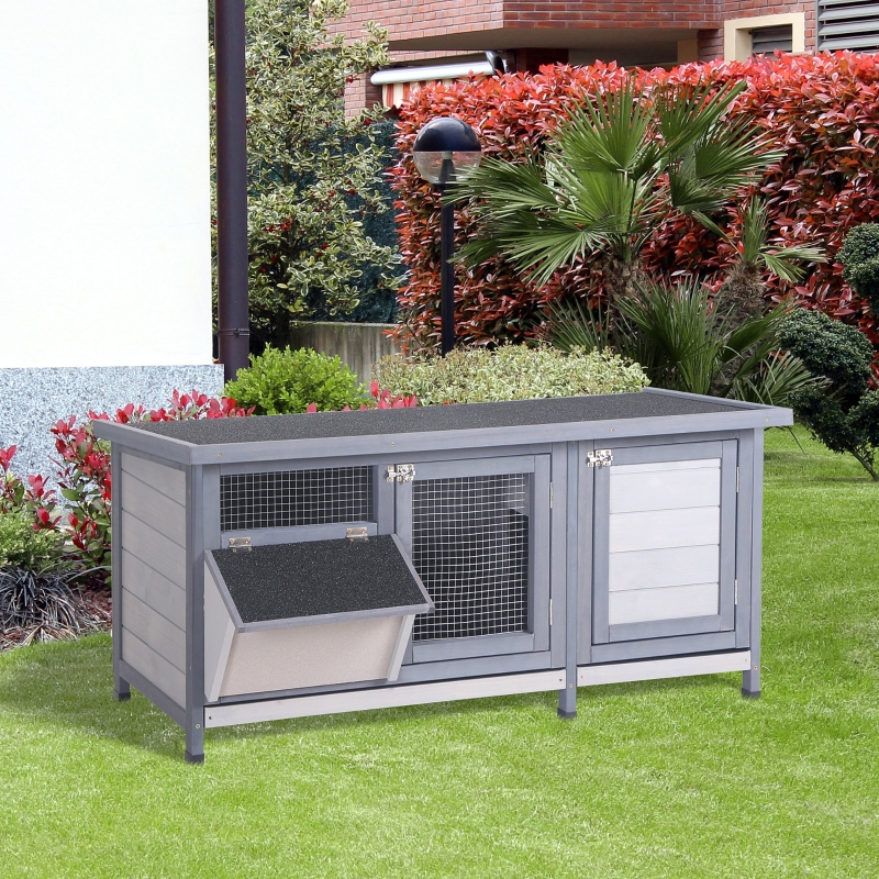 PawHut Wooden Rabbit Hutch Bunny Cage Guinea Pig House Outdoor with Sliding Out Tray, Openable Roof, Feeding Trough, Grey