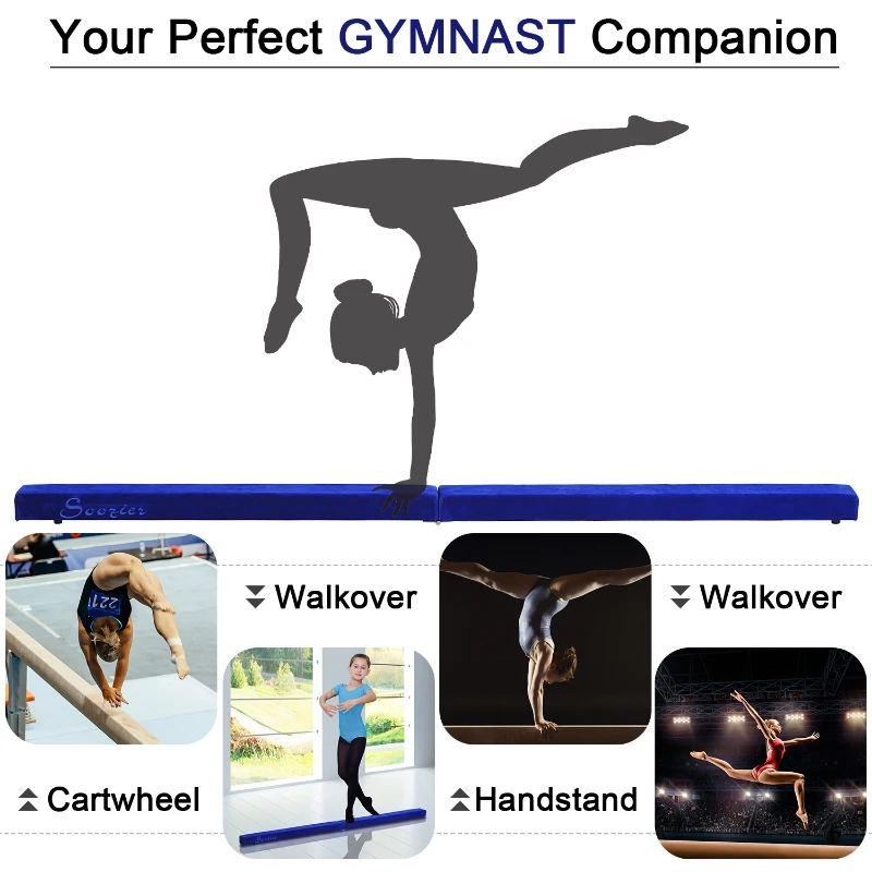 Soozier 8FT Folding Floor Balance Beam WOOD CORE Gymnastic Training Low Height Beam with Suede Surface (Blue)