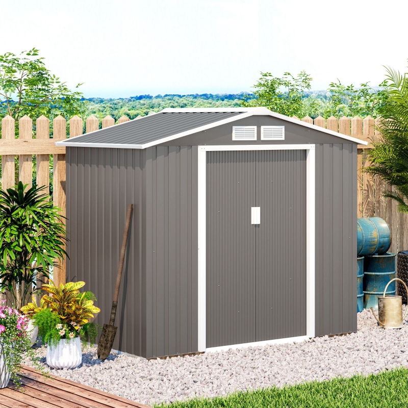 Outsunny 7' x 4' x 6' Garden Storage Shed Outdoor Patio Yard Metal Tool Storage House w/ Floor Foundation and Double Doors Grey