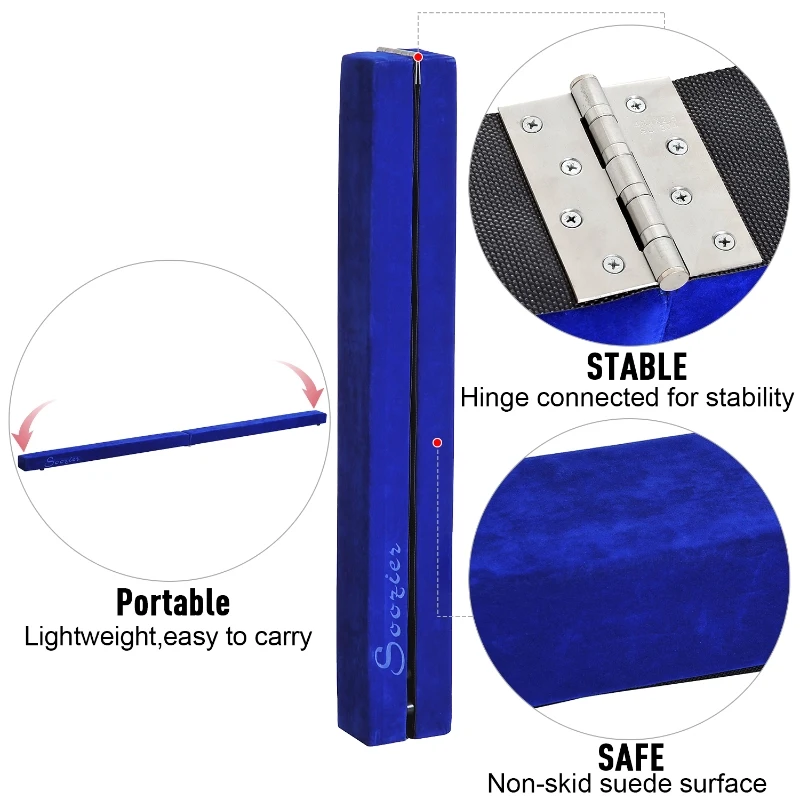 Soozier 8FT Folding Floor Balance Beam WOOD CORE Gymnastic Training Low Height Beam with Suede Surface (Blue)
