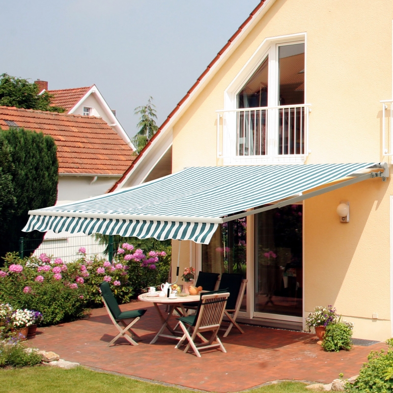 Outsunny 12' x 10' Manual Retractable Awning Outdoor Sunshade Shelter for Patio, Balcony, Yard, with Adjustable & Versatile Design, Green and White