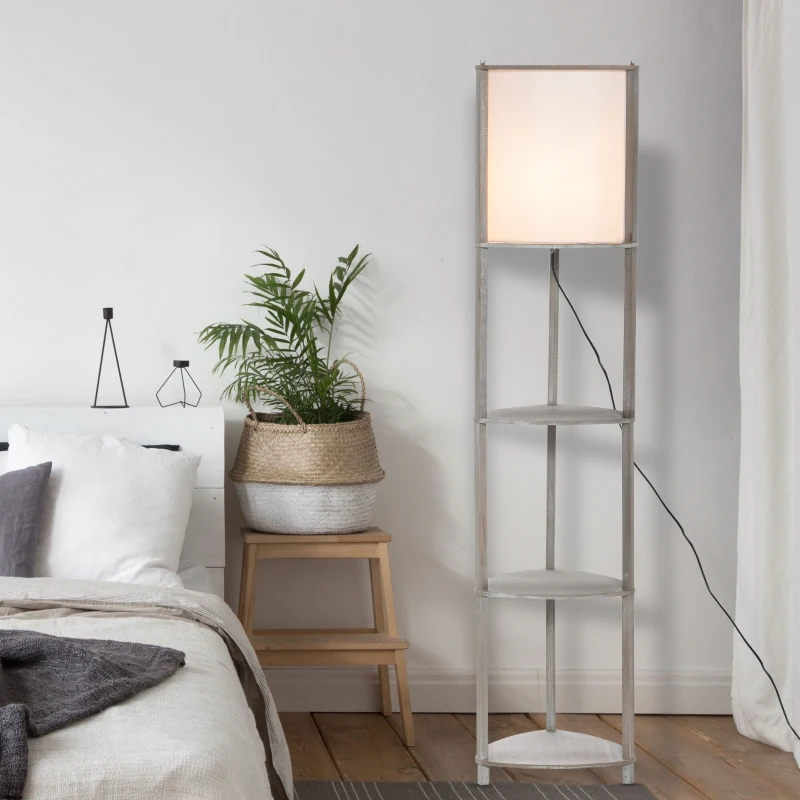 HOMCOM Floor Lamp with Display Shelves, Modern Standing Lamps with Footswitch, Solid Wood Nightstand Tower Lamp for Living Room Bedroom and Office