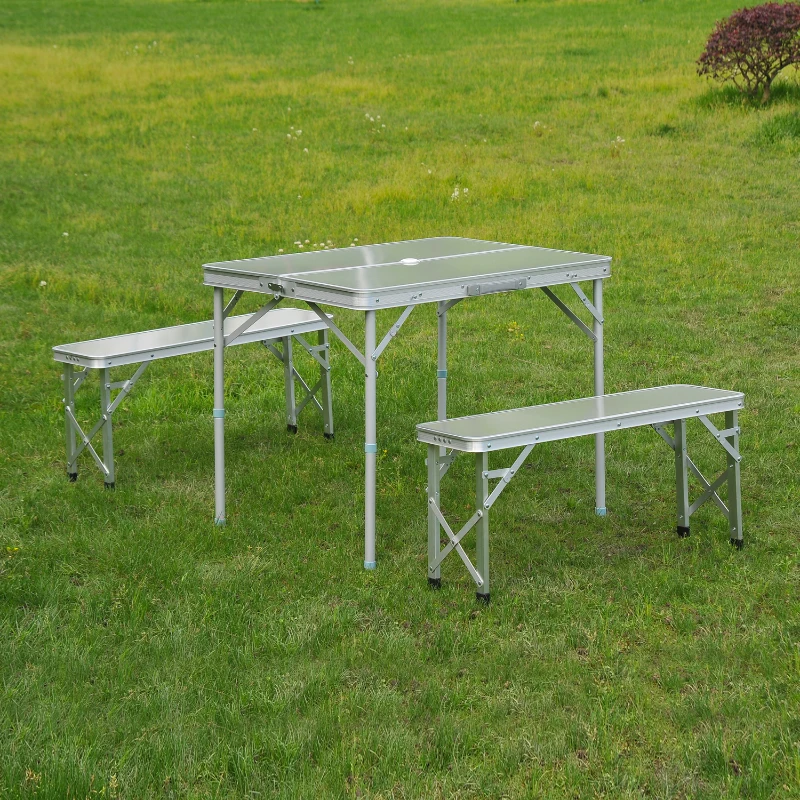 Outsunny Adjustable Folding Picnic Table Seating Set Portable Camping Garden Chair with 4 Seats W/ Umbrella Hole