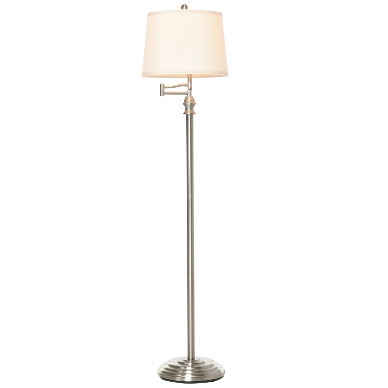 HOMCOM Standing Floor Lamp Tall Pole Light with Shade, Metal Round Base Adjustable Support Pole, E26 Bulb Base, for Bedroom, Living Room, Office, Silver/Beige