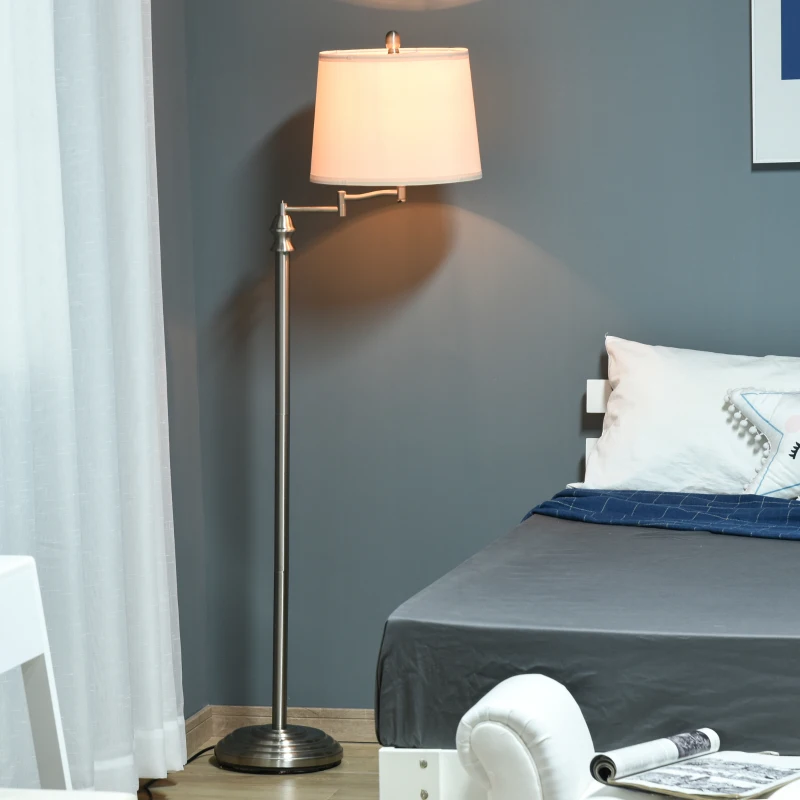 HOMCOM Standing Floor Lamp Tall Pole Light with Shade, Metal Round Base Adjustable Support Pole, E26 Bulb Base, for Bedroom, Living Room, Office, Silver/Beige