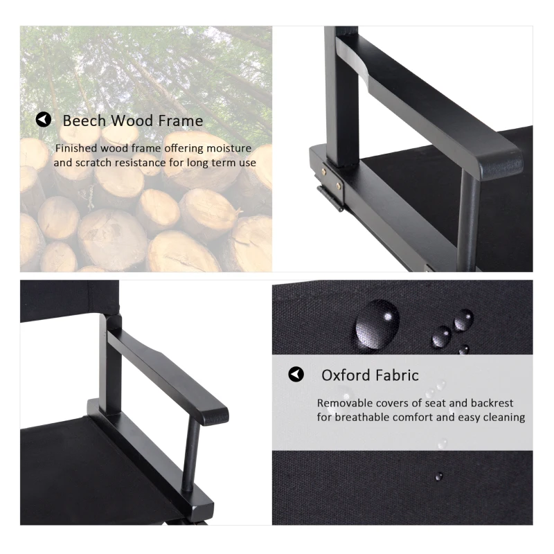 Outsunny 21.25" Wooden Directors Folding Canvas Chair Collapsible Portable Chair High-end Lounge Chair Beach Chair Oxford Fabric Fishing Seat Cinema Use Black Frame w/ Black Color Replacement Cover