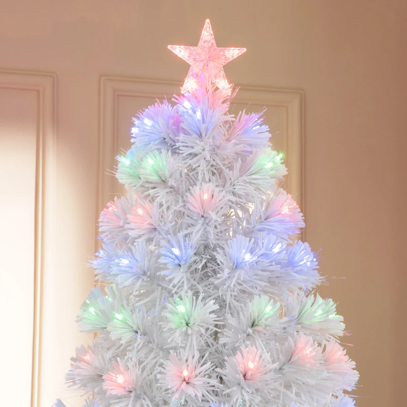 HOMCOM 7ft Tall Fir Artificial Christmas Tree with Realistic Branches, 280 Multi-Color Fiber Optic LED Lights and 280 Tips, White