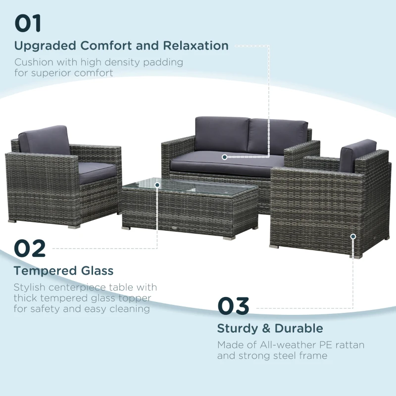 Outsunny Outdoor Patio Rattan Wicker Sofa Set w/ Glass Coffee Table - Grey
