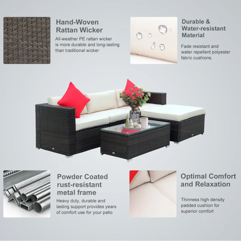Outsunny 5-Piece Outdoor Sectional Furniture, Patio Sofa Set, PE Wicker Couch, Cushions, Pillows, Ottoman, Table, Beige