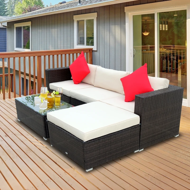 Outsunny 5-Piece Outdoor Sectional Furniture, Patio Sofa Set, PE Wicker Couch, Cushions, Pillows, Ottoman, Table, Beige