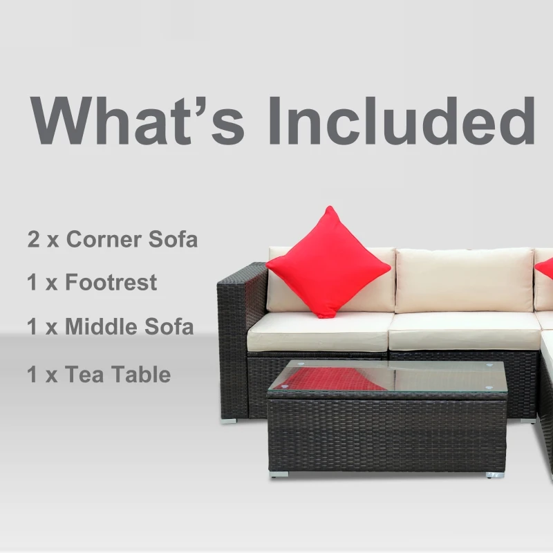 Outsunny 5-Piece Outdoor Sectional Furniture, Patio Sofa Set, PE Wicker Couch, Cushions, Pillows, Ottoman, Table, Beige