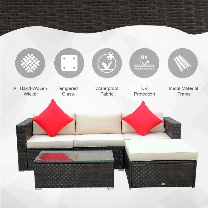 Outsunny 5-Piece Outdoor Sectional Furniture, Patio Sofa Set, PE Wicker Couch, Cushions, Pillows, Ottoman, Table, Beige
