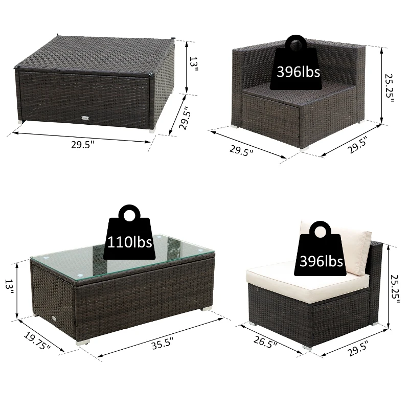 Outsunny 5-Piece Outdoor Sectional Furniture, Patio Sofa Set, PE Wicker Couch, Cushions, Pillows, Ottoman, Table, Beige