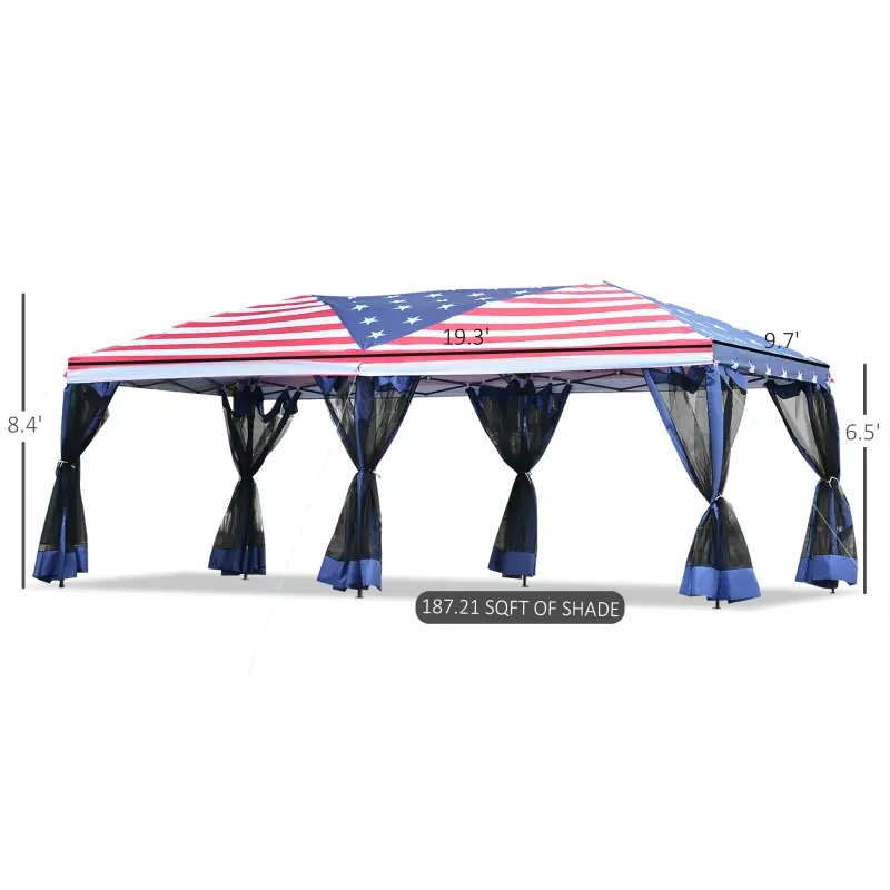 Outsunny 10x20 Pop Up Canopy Party Tent with Removable Mesh Sidewalls - American Flag Print