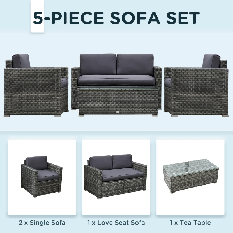 Outsunny Outdoor Patio Rattan Wicker Sofa Set w/ Glass Coffee Table - Grey