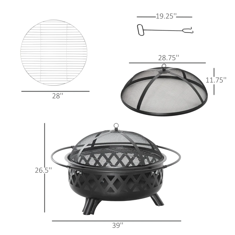 Outsunny 2-in-1 Outdoor Fire Pit with BBQ Cooking Grill, Round Firepit Bowl with Spark Screen Cover, Poker for Backyard Bonfire