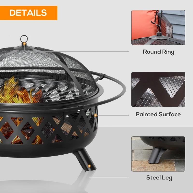 Outsunny 2-in-1 Outdoor Fire Pit with BBQ Cooking Grill, Round Firepit Bowl with Spark Screen Cover, Poker for Backyard Bonfire