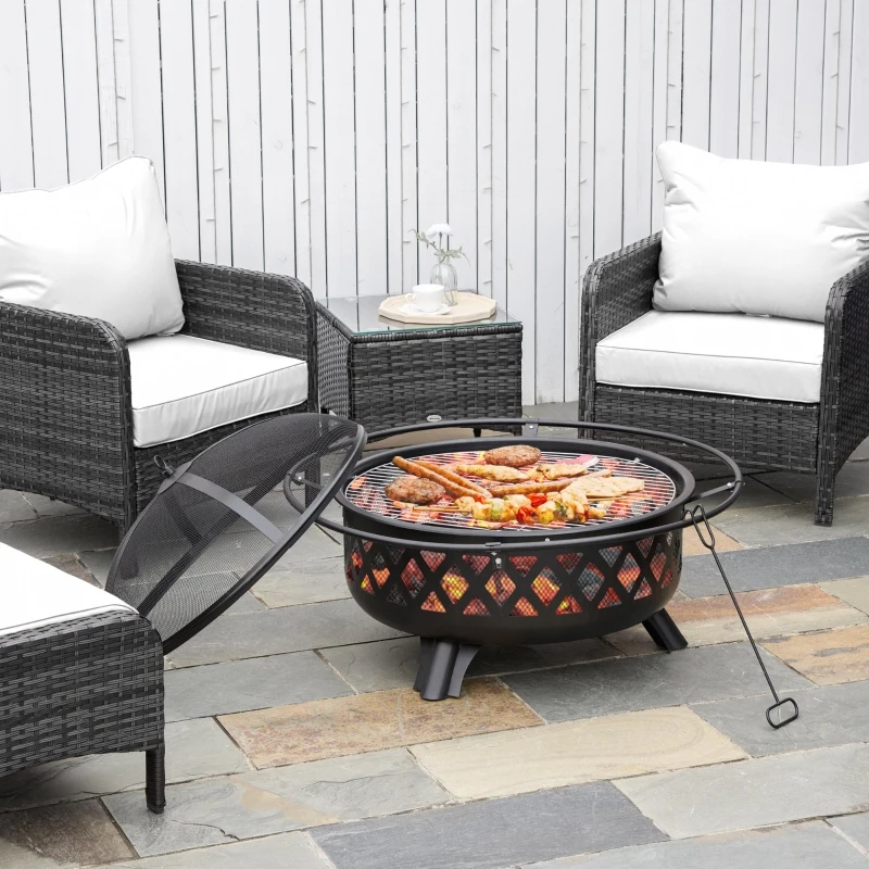 Outsunny 2-in-1 Outdoor Fire Pit with BBQ Cooking Grill, Round Firepit Bowl with Spark Screen Cover, Poker for Backyard Bonfire