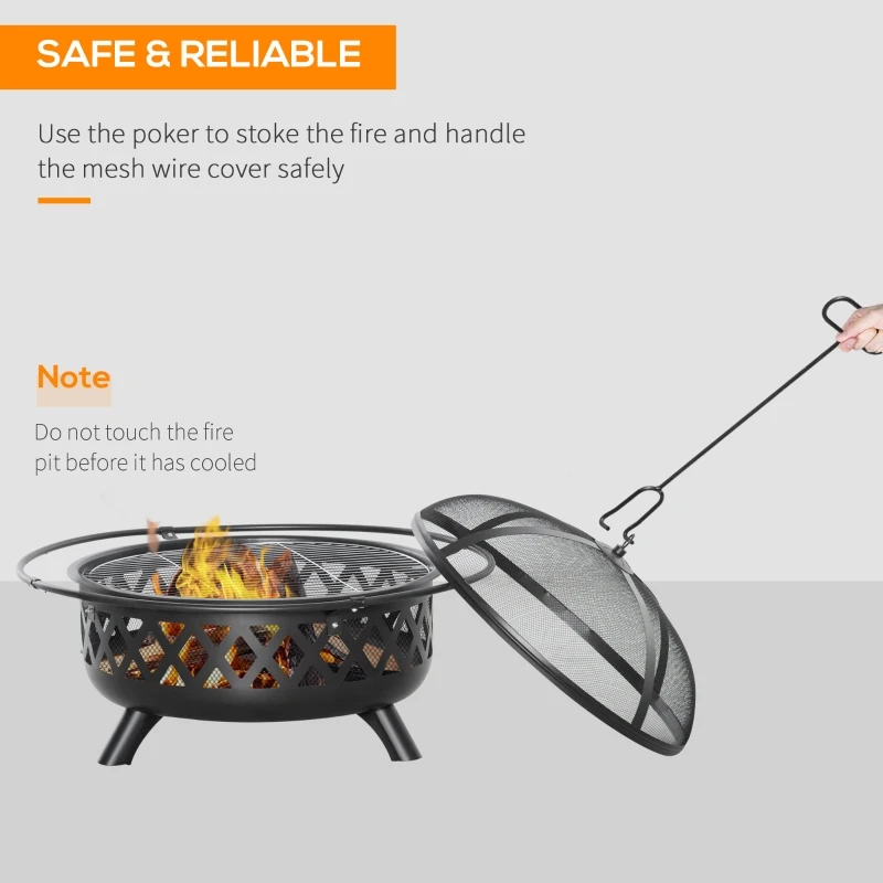 Outsunny 2-in-1 Outdoor Fire Pit with BBQ Cooking Grill, Round Firepit Bowl with Spark Screen Cover, Poker for Backyard Bonfire